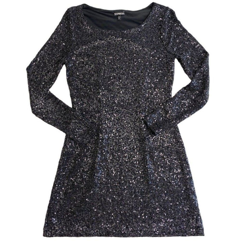 Express Black Sequin Long Sleeve Fit & Flare Mini‎ Dress Sz XS - Picture 7 of 8